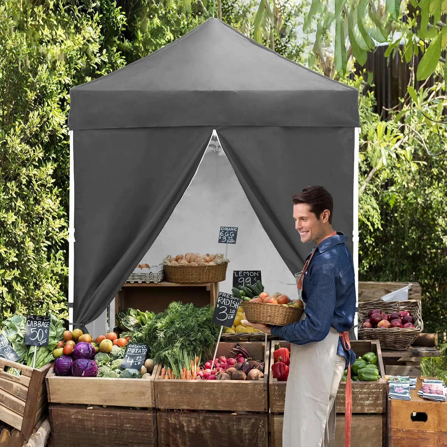 EAGLE PEAK 5x5 Instant Canopy with 4-Side Wall Panels, Small Pop up Portable Canopy Tent with Carry Bag, Light Weight Sun Shelter for Sports, Camping and Beach, Gray