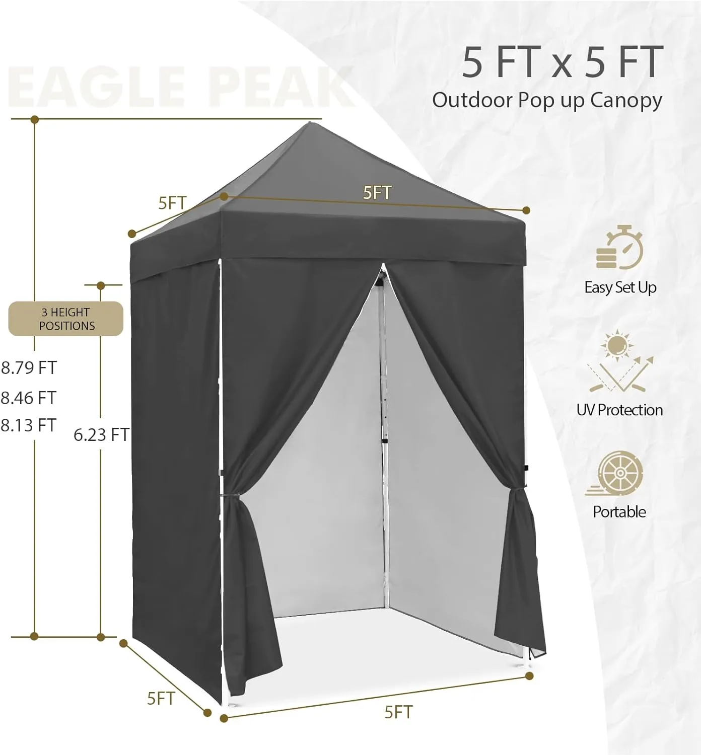 EAGLE PEAK 5x5 Instant Canopy with 4-Side Wall Panels, Small Pop up Portable Canopy Tent with Carry Bag, Light Weight Sun Shelter for Sports, Camping and Beach, Gray