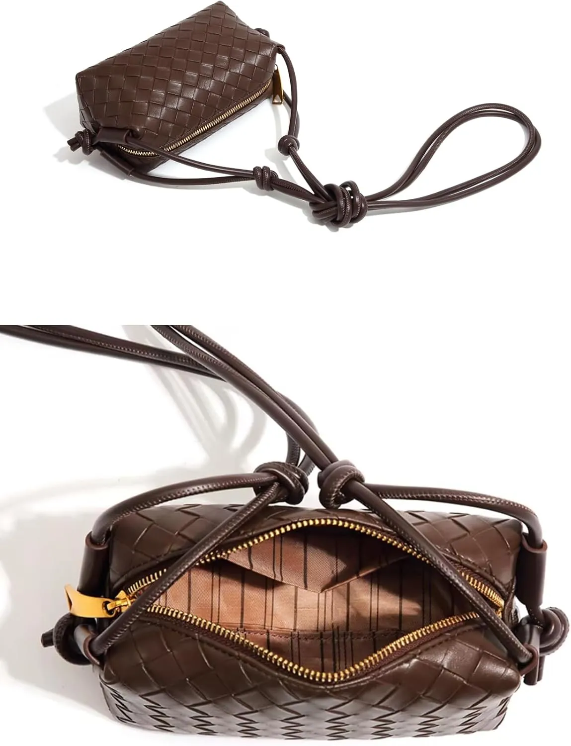 E&M's Woven Crossbody Camera Bag, Small Leather Purse with Adjustable Strap, Cofee color
