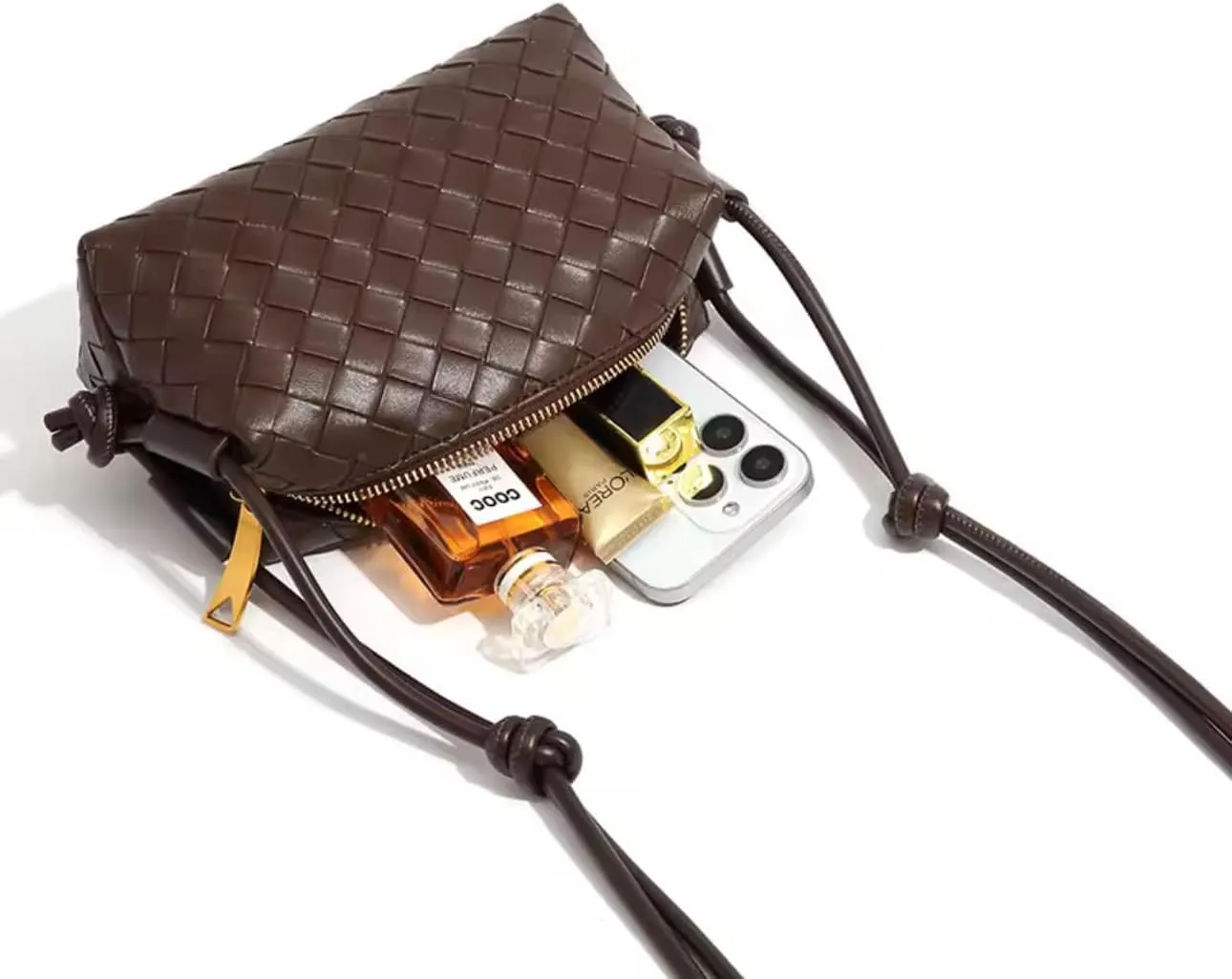 E&M's Woven Crossbody Camera Bag, Small Leather Purse with Adjustable Strap, Cofee color