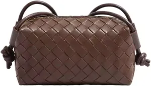 E&M's Woven Crossbody Camera Bag, Small Leather Purse with Adjustable Strap, Cofee color