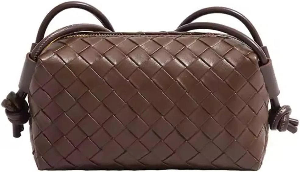 E&M's Woven Crossbody Camera Bag, Small Leather Purse with Adjustable Strap, Cofee color