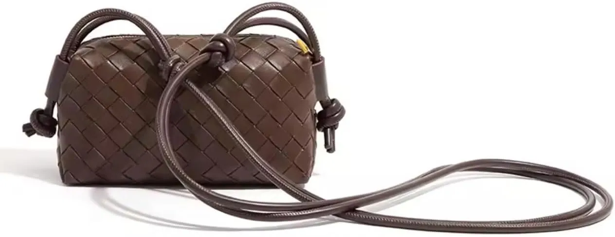 E&M's Woven Crossbody Camera Bag, Small Leather Purse with Adjustable Strap, Cofee color