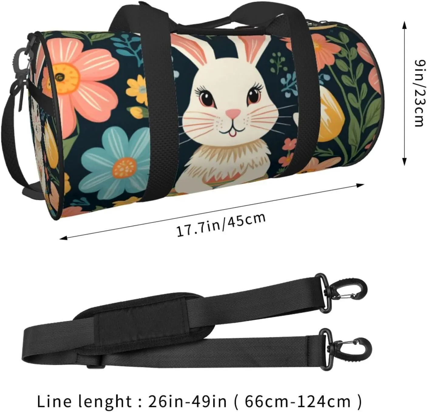 Easter Bunny Floral Printed Travel Bag,Round Personal Item Storage bag,Foldie Duffel Bag for Traveling Vacation,Fitness,Sports