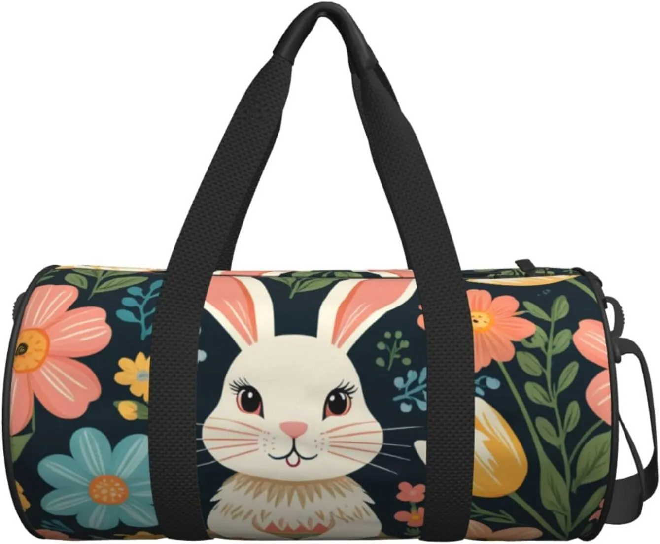 Easter Bunny Floral Printed Travel Bag,Round Personal Item Storage bag,Foldie Duffel Bag for Traveling Vacation,Fitness,Sports
