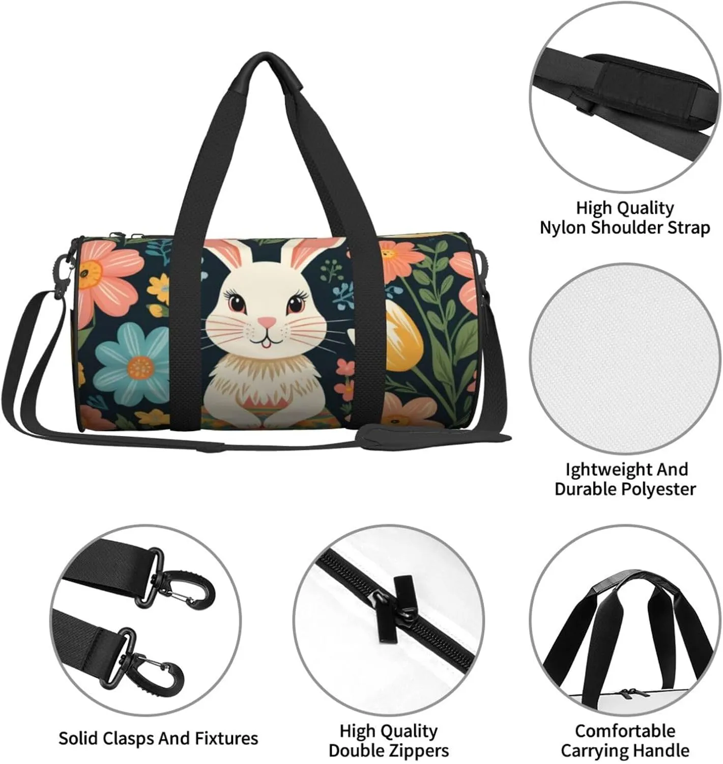 Easter Bunny Floral Printed Travel Bag,Round Personal Item Storage bag,Foldie Duffel Bag for Traveling Vacation,Fitness,Sports