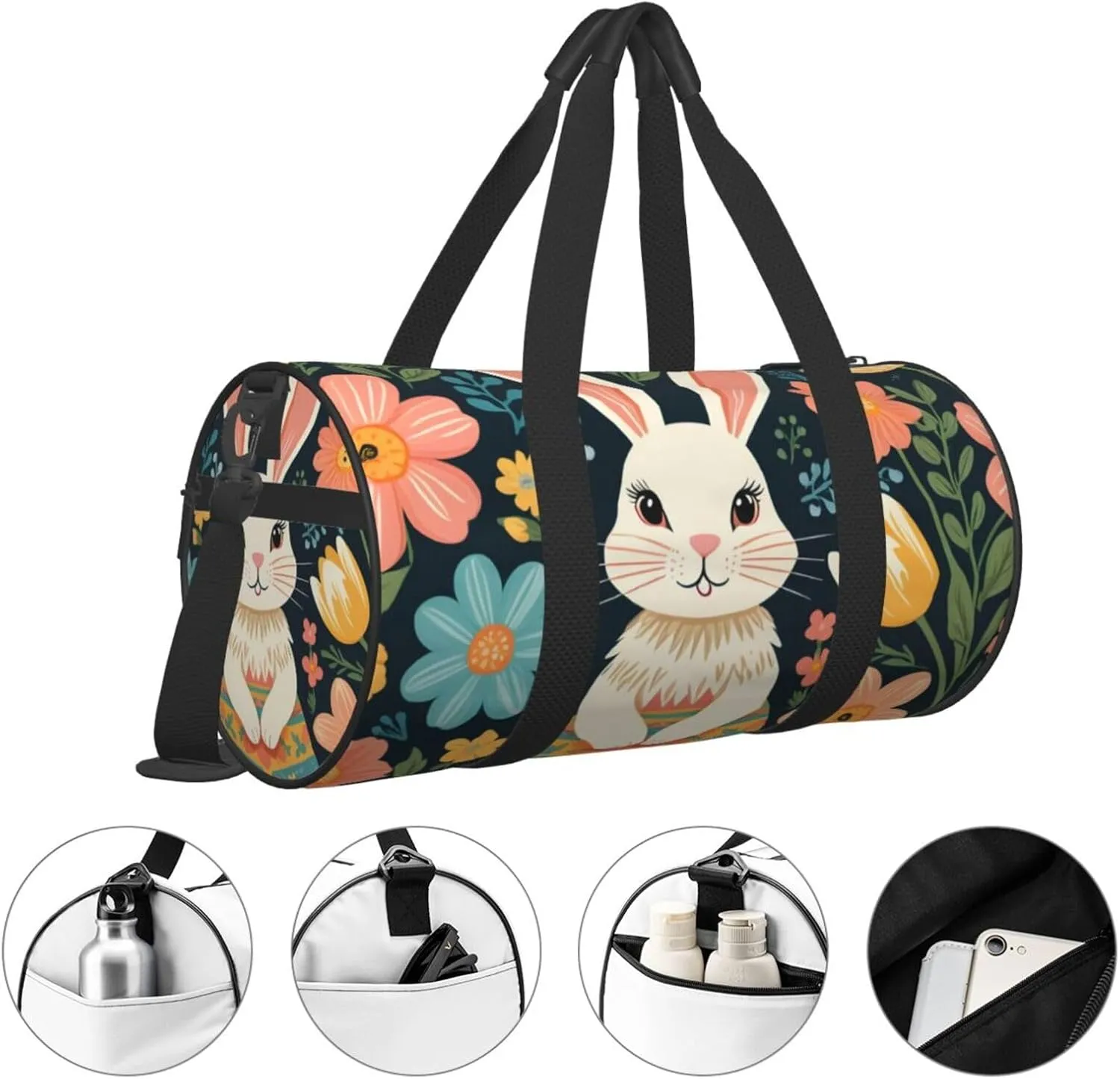 Easter Bunny Floral Printed Travel Bag,Round Personal Item Storage bag,Foldie Duffel Bag for Traveling Vacation,Fitness,Sports