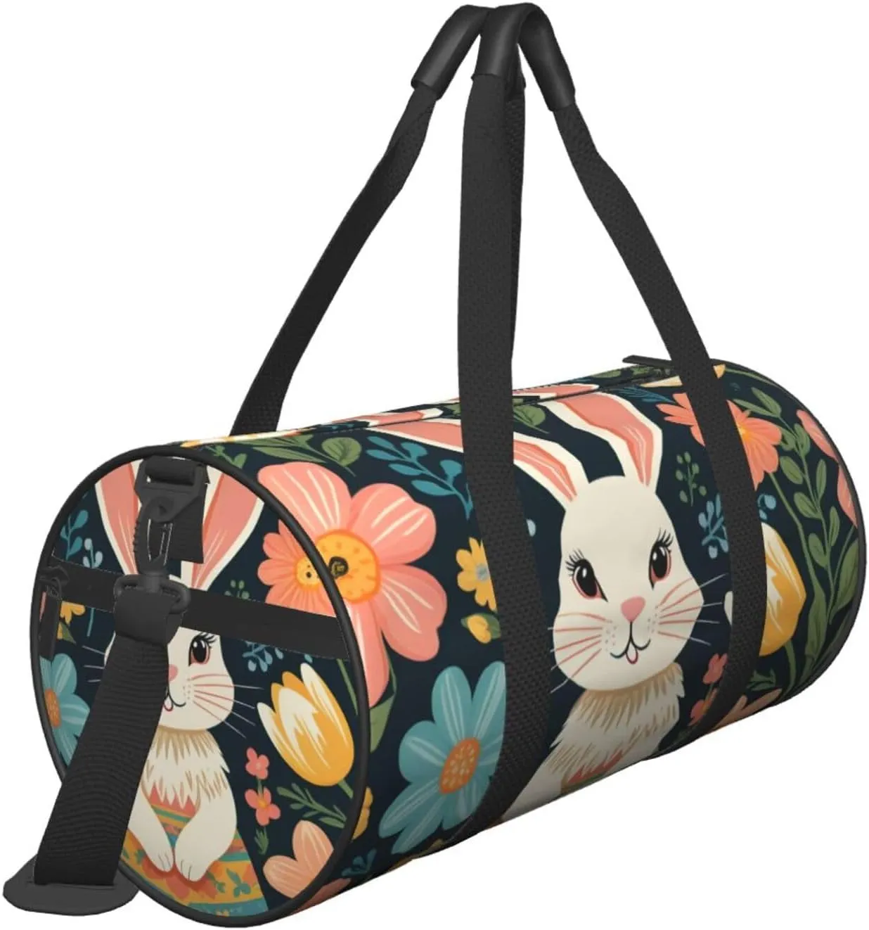 Easter Bunny Floral Printed Travel Bag,Round Personal Item Storage bag,Foldie Duffel Bag for Traveling Vacation,Fitness,Sports