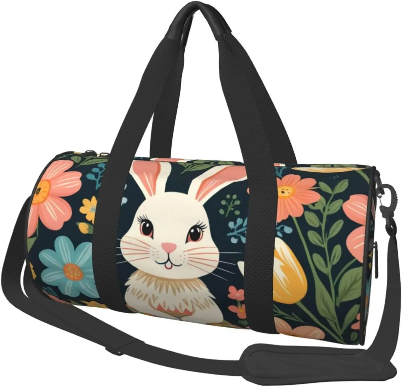 Easter Bunny Floral Printed Travel Bag,Round Personal Item Storage bag,Foldie Duffel Bag for Traveling Vacation,Fitness,Sports