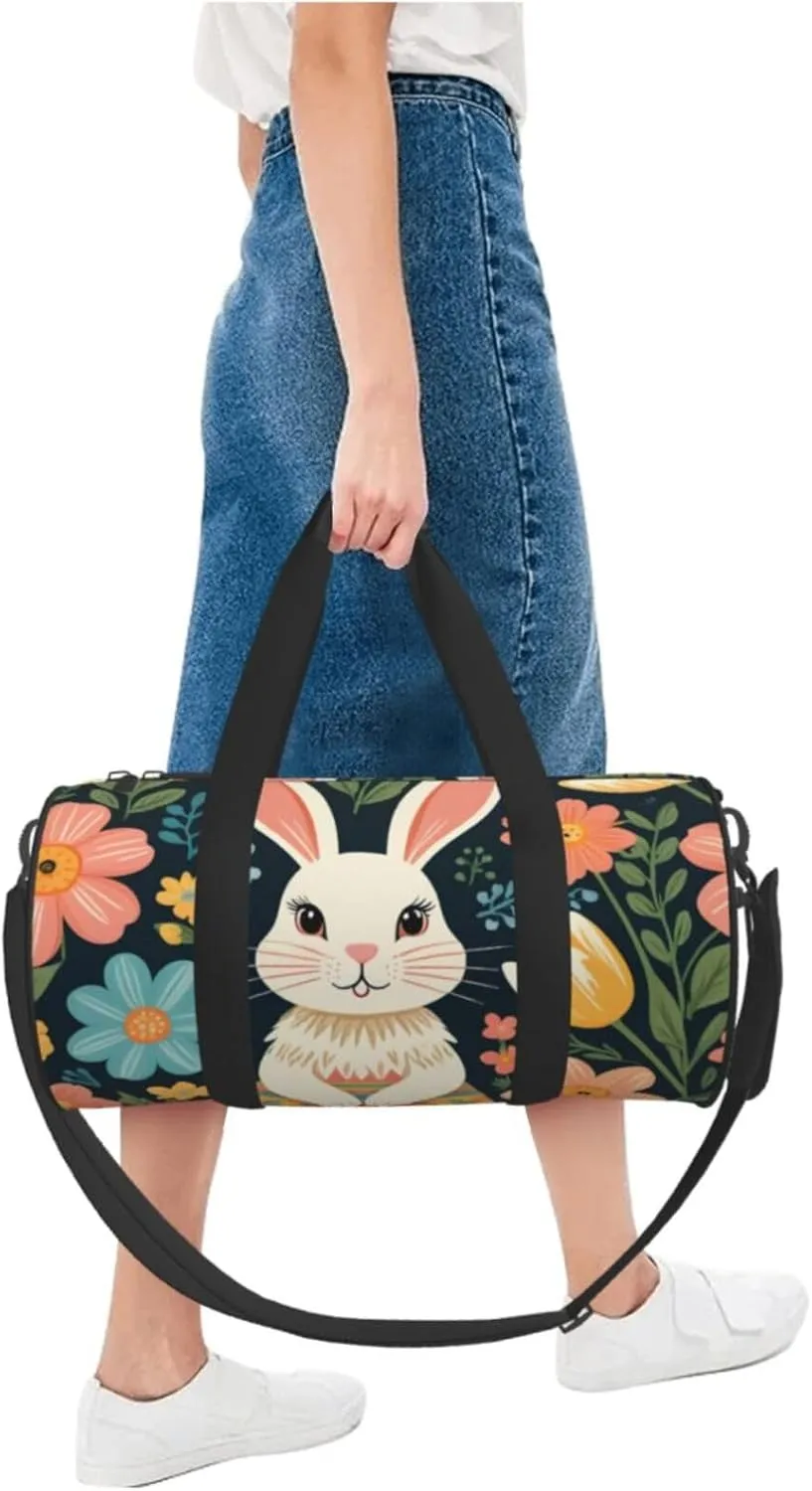 Easter Bunny Floral Printed Travel Bag,Round Personal Item Storage bag,Foldie Duffel Bag for Traveling Vacation,Fitness,Sports