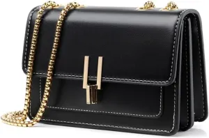 Elegant Designer Leather Evening Clutch Handbag with Gold Chain Shoulder & Crossbody Strap for Women