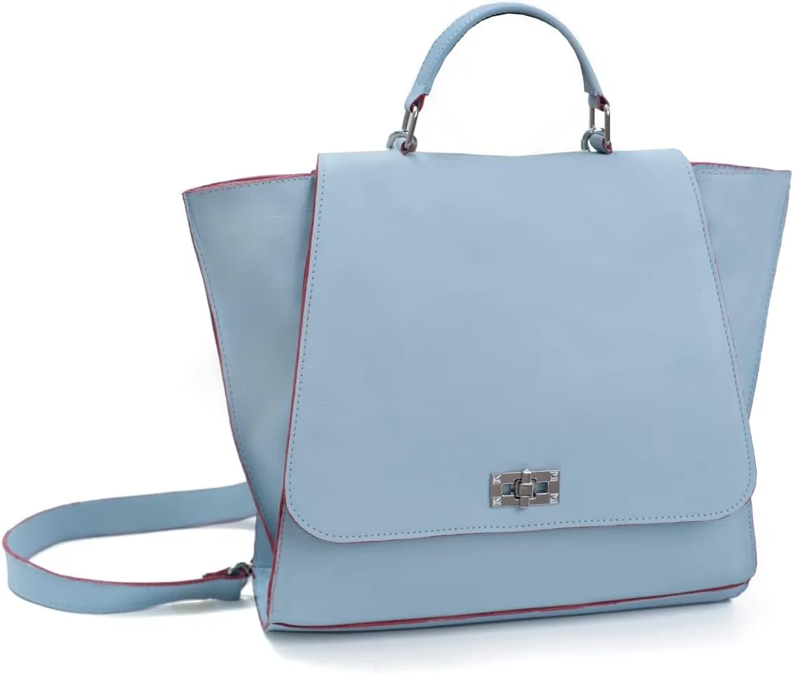 Elegant Light Blue Leather Handbag with Top Handle and Detachable Strap – Stylish Women’s Shoulder Bag with Secure Clasp