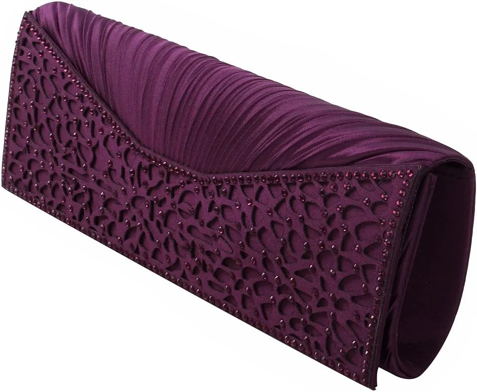 Elegant Pleated Satin Floral Crystal Flap Clutch Evening Bag - Diff Colors Avail
