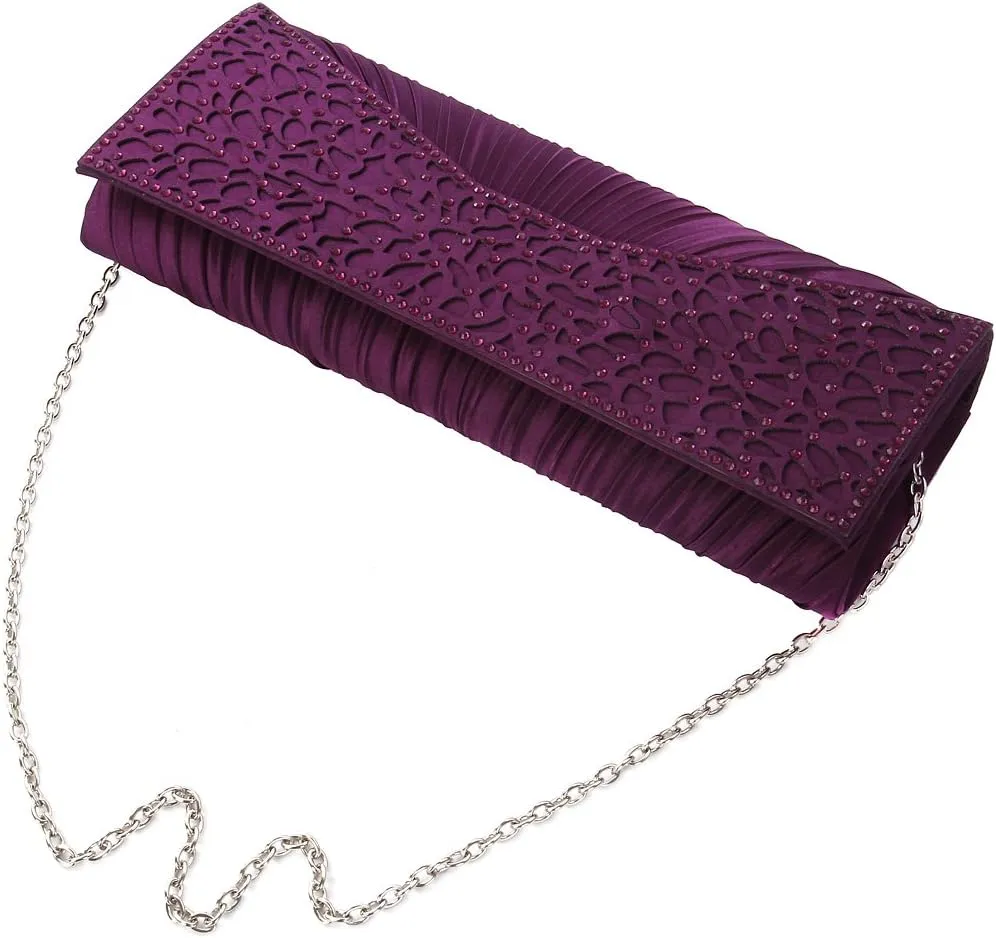 Elegant Pleated Satin Floral Crystal Flap Clutch Evening Bag - Diff Colors Avail