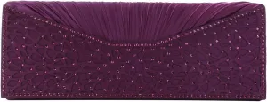 Elegant Pleated Satin Floral Crystal Flap Clutch Evening Bag - Diff Colors Avail