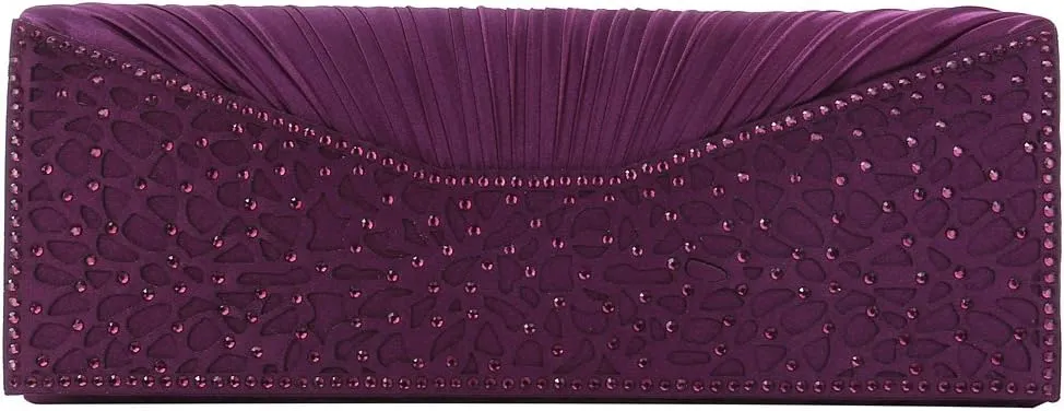 Elegant Pleated Satin Floral Crystal Flap Clutch Evening Bag - Diff Colors Avail
