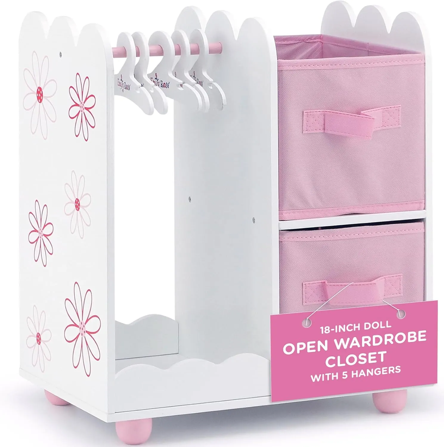 Emily Rose 18 Inch Doll Clothes Storage Open Closet Bedroom Furniture Accessory - Wooden Doll Accessories Playset with 5 18" Doll Clothing Hangers & 2 Large Storage Bins - Floral | USA Company