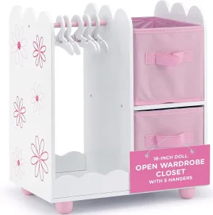 Emily Rose 18 Inch Doll Clothes Storage Open Closet Bedroom Furniture Accessory - Wooden Doll Accessories Playset with 5 18" Doll Clothing Hangers & 2 Large Storage Bins - Floral | USA Company