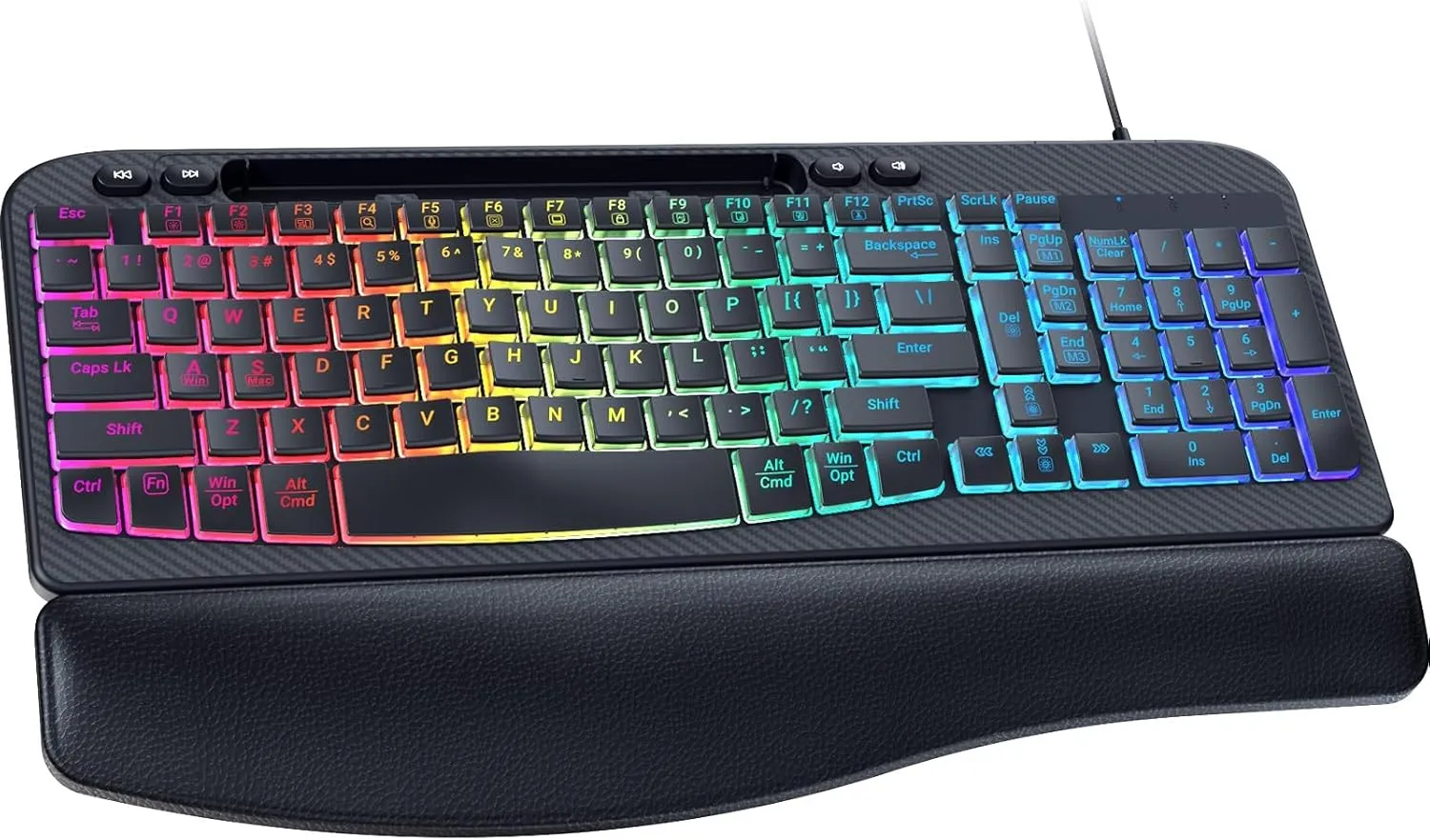 Ergonomic Backlit Keyboard with Wrist Rest, 7 Colors USB Wired Computer Keyboard, Wave Keys, with Phone/Tablet Holder, Comfortable Lighted Keyboard for PC, Windows and Mac