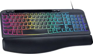Ergonomic Backlit Keyboard with Wrist Rest, 7 Colors USB Wired Computer Keyboard, Wave Keys, with Phone/Tablet Holder, Comfortable Lighted Keyboard for PC, Windows and Mac