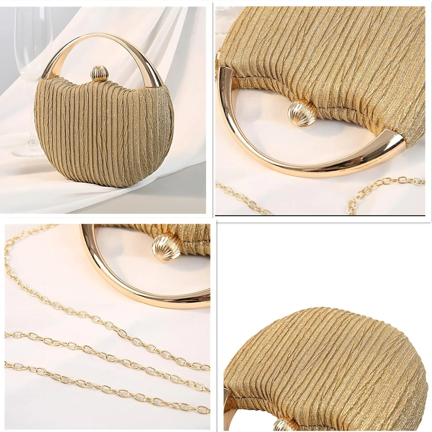 Evening Bag Clutch Purses Pleated Round Hard shell Crossbody Handbag with Chain Strap for Women Wedding Party Formal