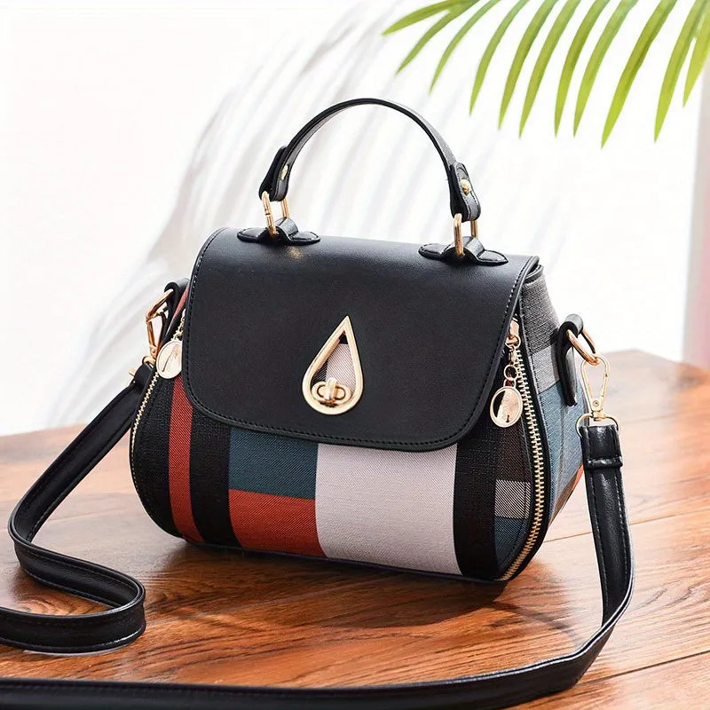 Fashion Plaid Pattern Handbags, Small Zipper Decor Crossbody Bag, Women's Turn Lock Flap Purses