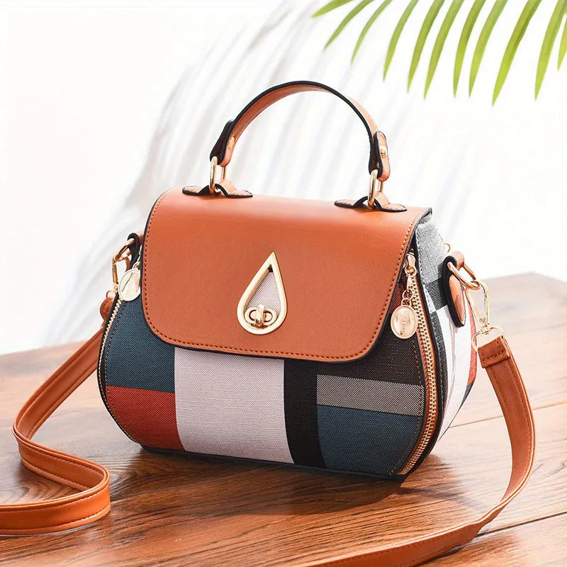 Fashion Plaid Pattern Handbags, Small Zipper Decor Crossbody Bag, Women's Turn Lock Flap Purses