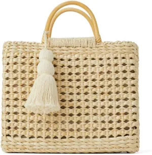 Fashion Women Summer Straw Crossbody Bag with Cute Tassels Pendant, Hand-Woven Beach Shoulder Bag with Top Wooden Handle Tote Bag (Beige)