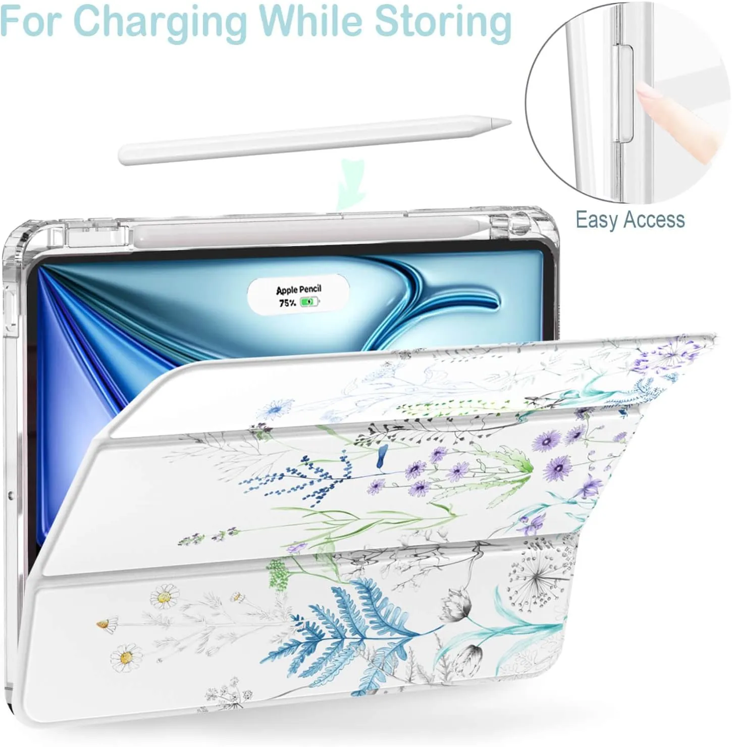 Feams for iPad Air 13 Inch Case M3 2025/M2 2024, Slim iPad Pro 12.9 Inch 6th/5th/4th Generation 2022/2021/2020 Case Clear Back Cover with Auto Sleep & Pencil Holder, Elegant Flowers