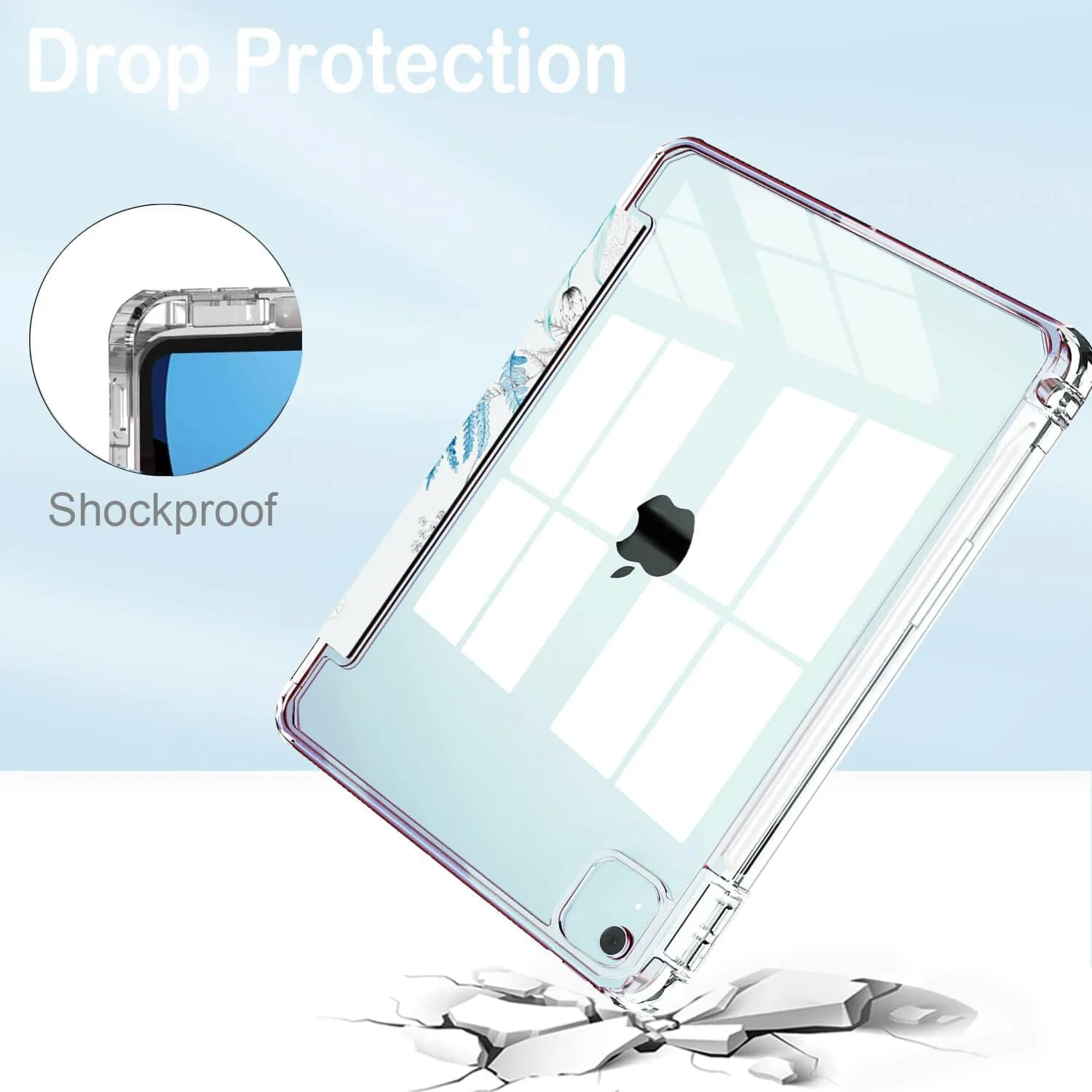Feams for iPad Air 13 Inch Case M3 2025/M2 2024, Slim iPad Pro 12.9 Inch 6th/5th/4th Generation 2022/2021/2020 Case Clear Back Cover with Auto Sleep & Pencil Holder, Elegant Flowers