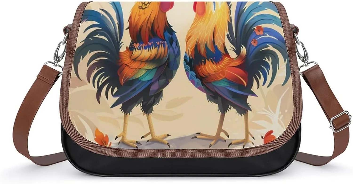 Fighting Morning Rooster Cock Crossbody Purses for Women PU Leather Shoulder Bag Handbag Clucth