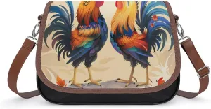 Fighting Morning Rooster Cock Crossbody Purses for Women PU Leather Shoulder Bag Handbag Clucth