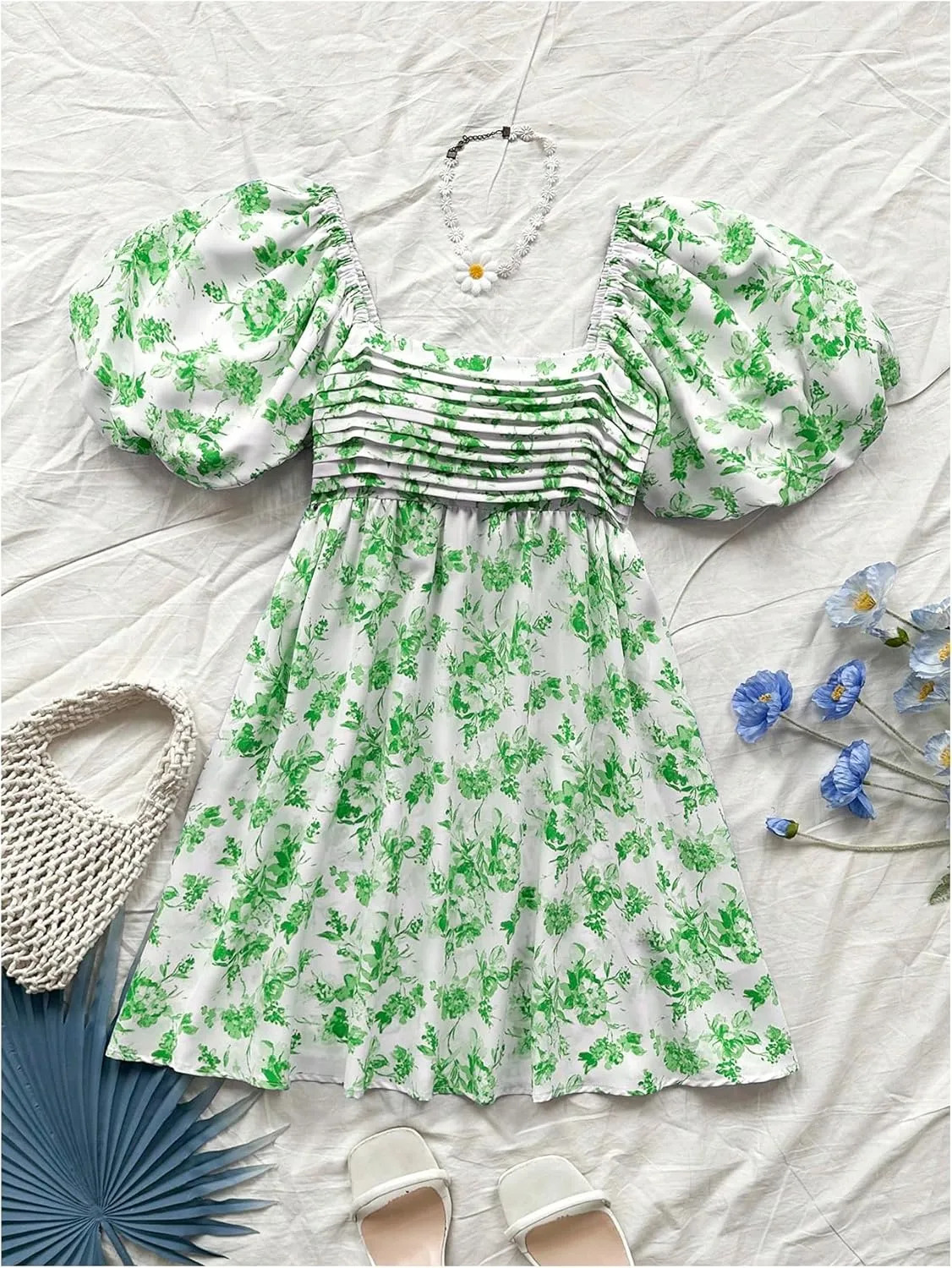 Floerns Women's Floral Print Bubble Sleeve Dress Square Neck Holiday A Line Mini Dresses