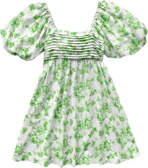 Floerns Women's Floral Print Bubble Sleeve Dress Square Neck Holiday A Line Mini Dresses