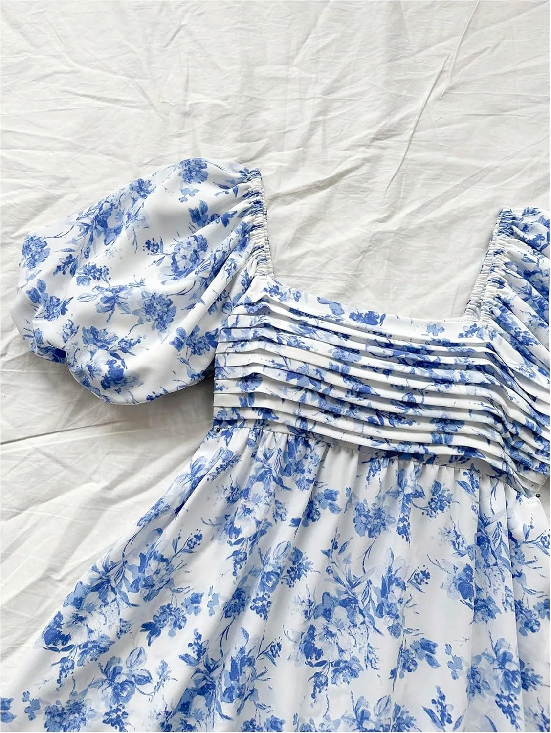 Floerns Women's Floral Print Bubble Sleeve Dress Square Neck Holiday A Line Mini Dresses