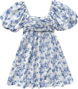 Floerns Women's Floral Print Bubble Sleeve Dress Square Neck Holiday A Line Mini Dresses