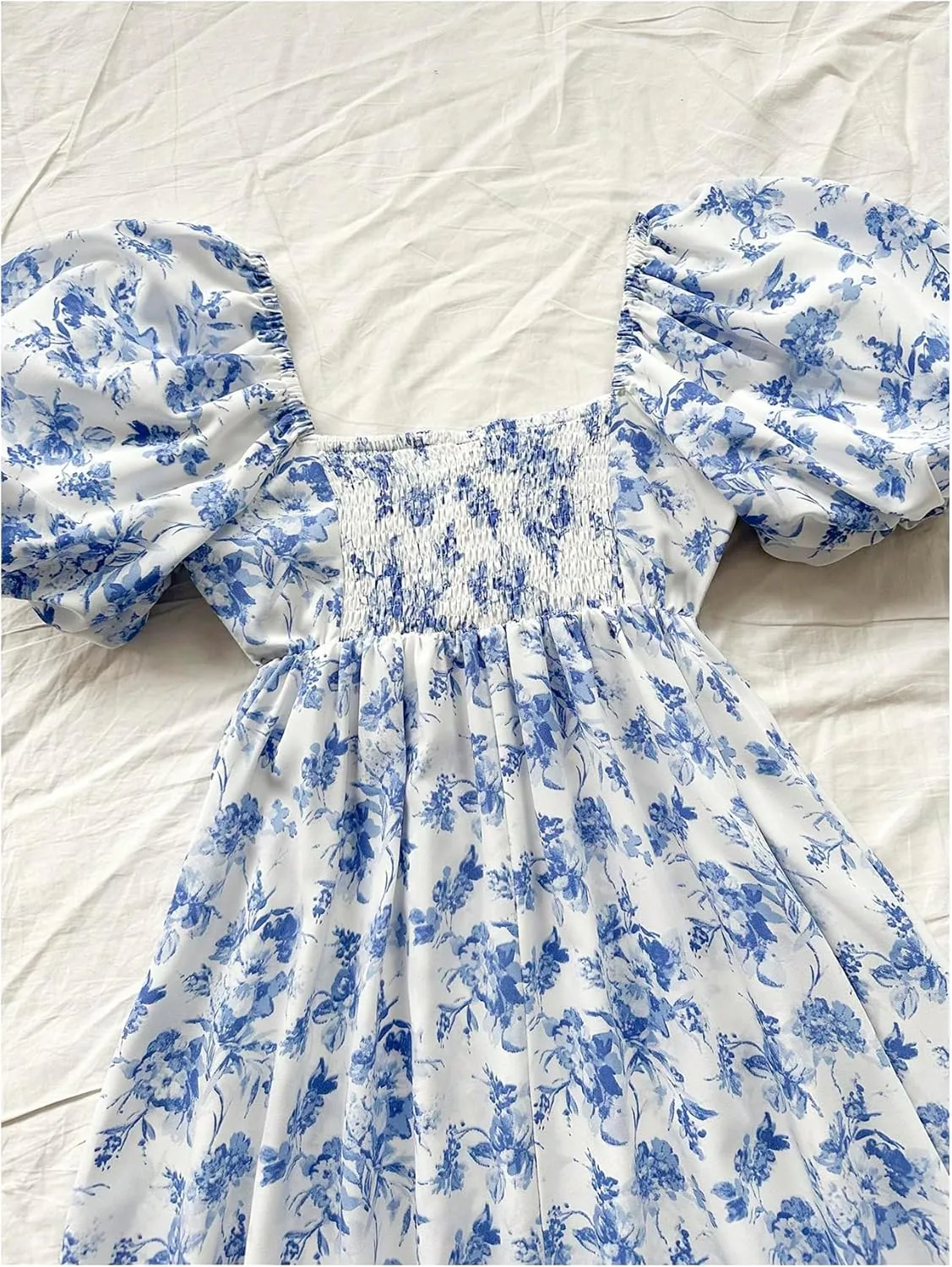 Floerns Women's Floral Print Bubble Sleeve Dress Square Neck Holiday A Line Mini Dresses