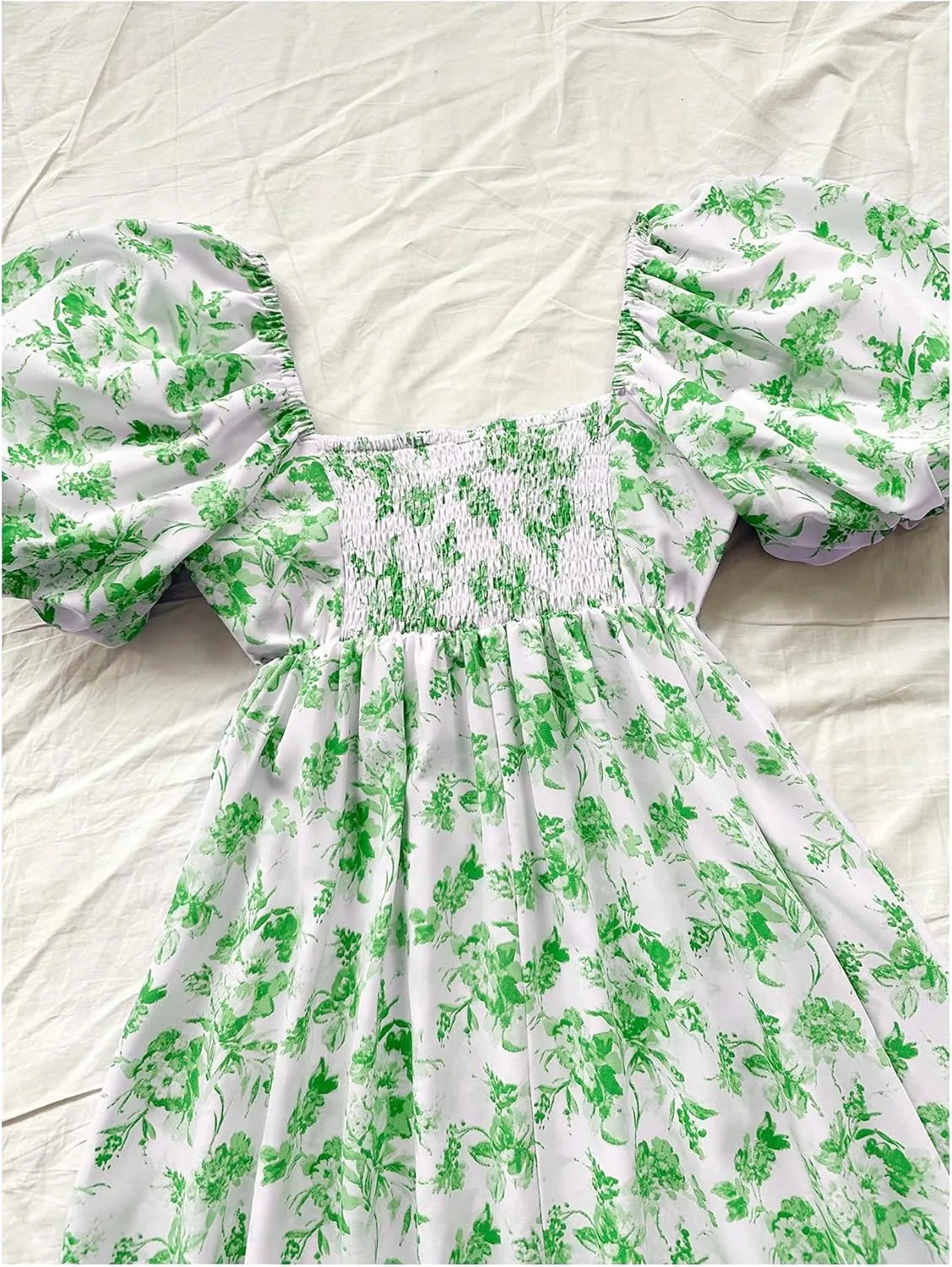 Floerns Women's Floral Print Bubble Sleeve Dress Square Neck Holiday A Line Mini Dresses