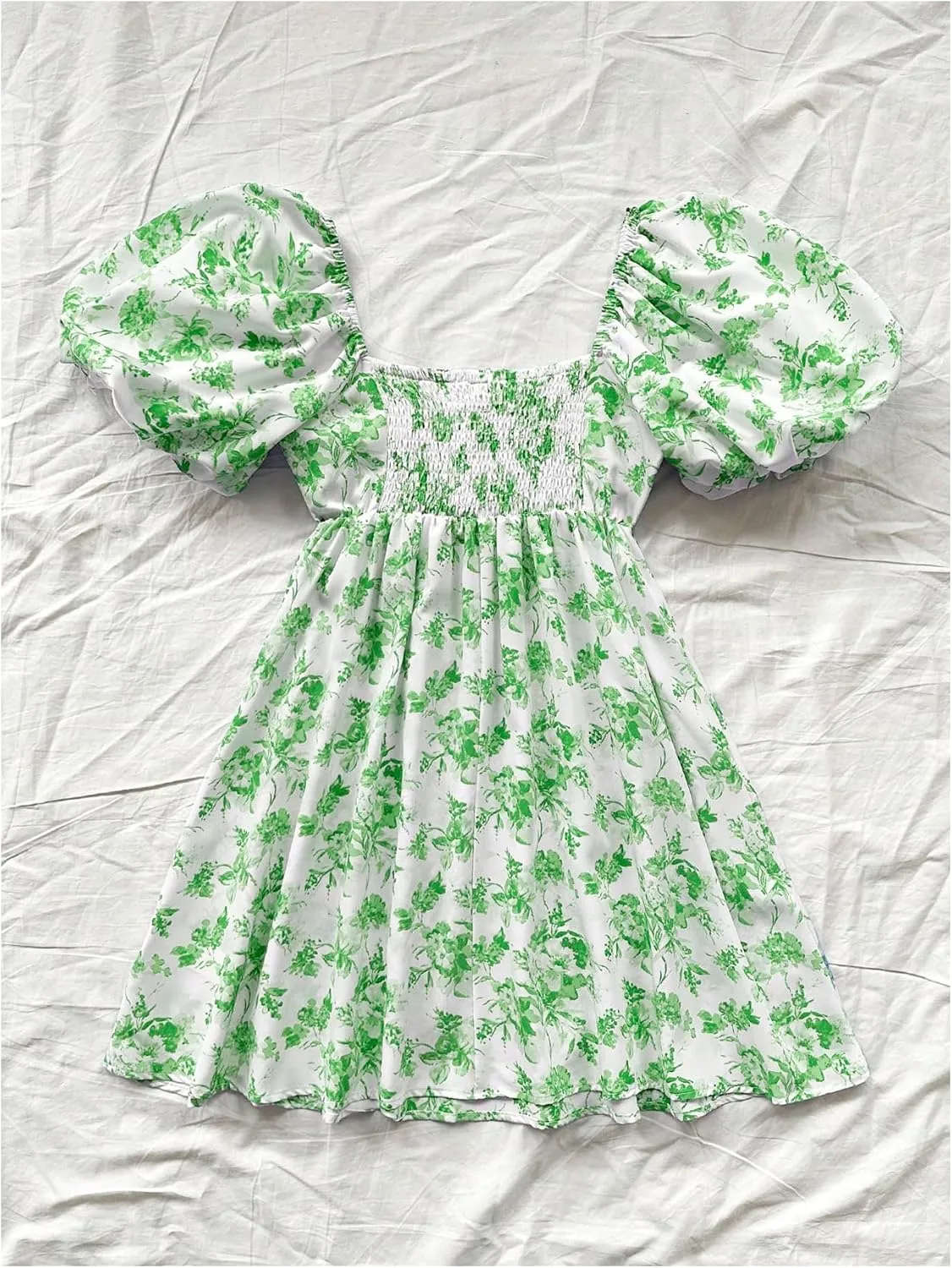 Floerns Women's Floral Print Bubble Sleeve Dress Square Neck Holiday A Line Mini Dresses