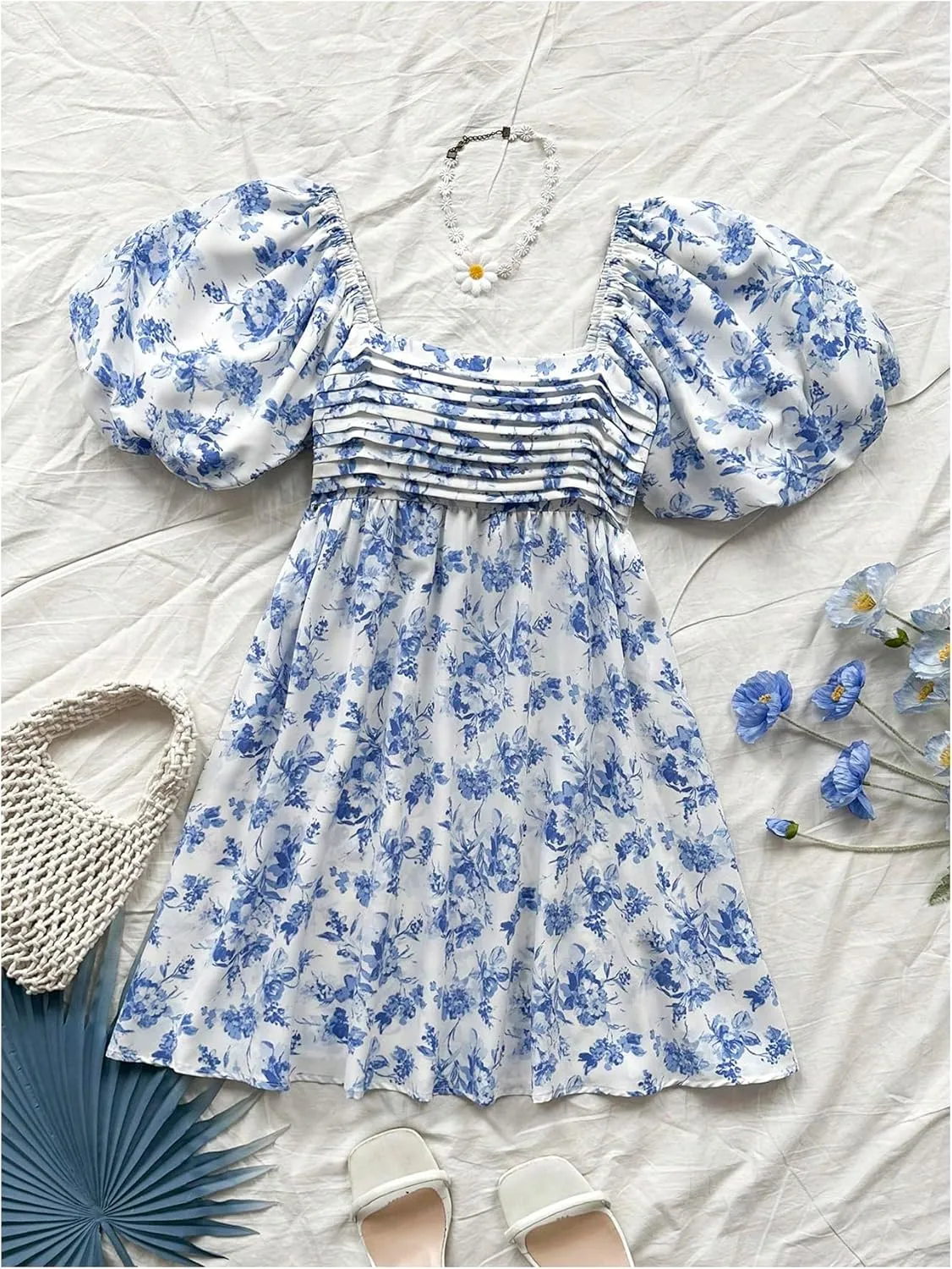Floerns Women's Floral Print Bubble Sleeve Dress Square Neck Holiday A Line Mini Dresses