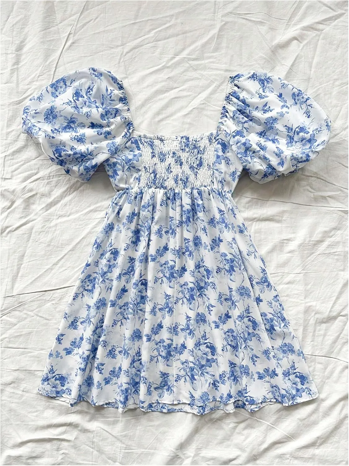 Floerns Women's Floral Print Bubble Sleeve Dress Square Neck Holiday A Line Mini Dresses