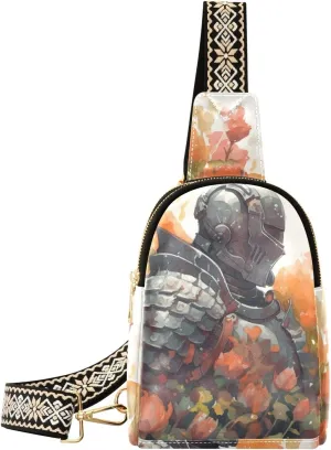 Floral and Knight Print Women Sling Bag with Adjustable Strap Zipper Closure, PU Leather Water Resistant Crossbody Bag Purse Chest Bag