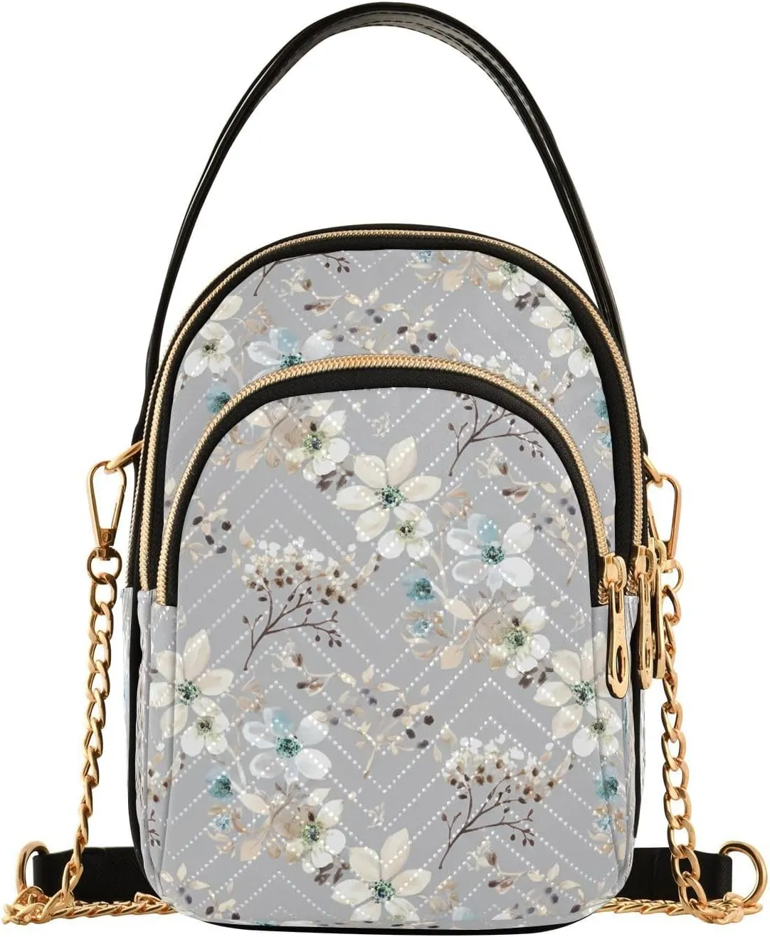 Floral Twig Blossom Gray Multi Pockets Crossbody Bags for Women Zip Cell Phone Purse Wallet Bag with Detachable Shoulder Strap Zipper Purse for Gift Traveling Working Shopping Women Girls Trendy