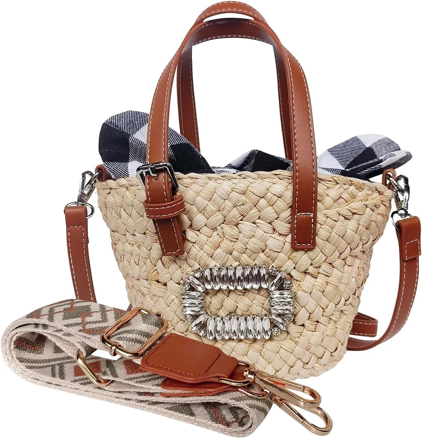 Flower Pearls Rattan Tote Bag Summer Beach Drawstring Straw Bucket Bag Diamonds Woven Handbag