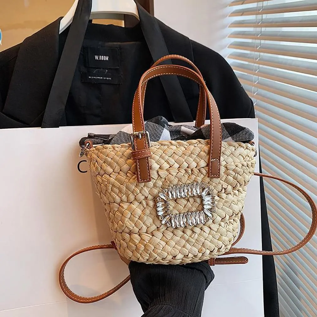 Flower Pearls Rattan Tote Bag Summer Beach Drawstring Straw Bucket Bag Diamonds Woven Handbag