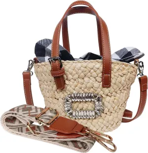 Flower Pearls Rattan Tote Bag Summer Beach Drawstring Straw Bucket Bag Diamonds Woven Handbag