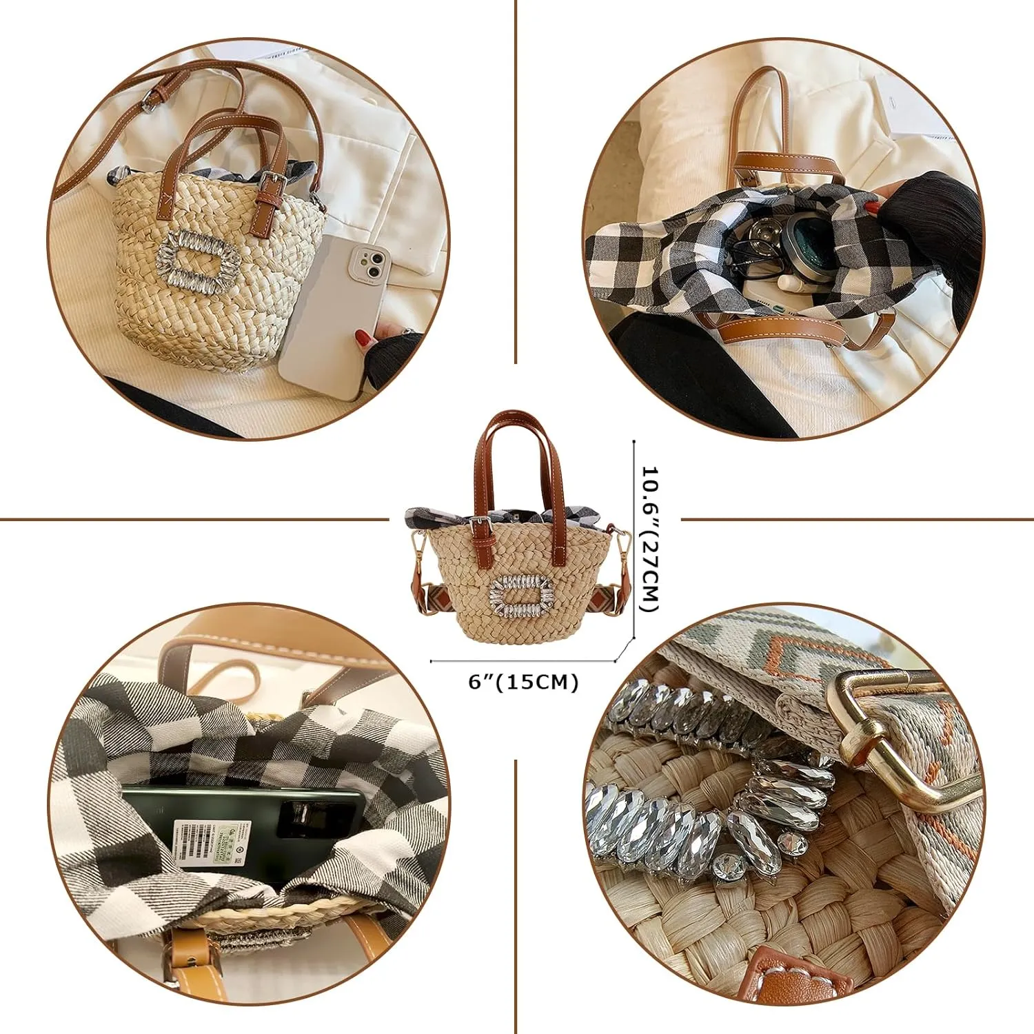Flower Pearls Rattan Tote Bag Summer Beach Drawstring Straw Bucket Bag Diamonds Woven Handbag