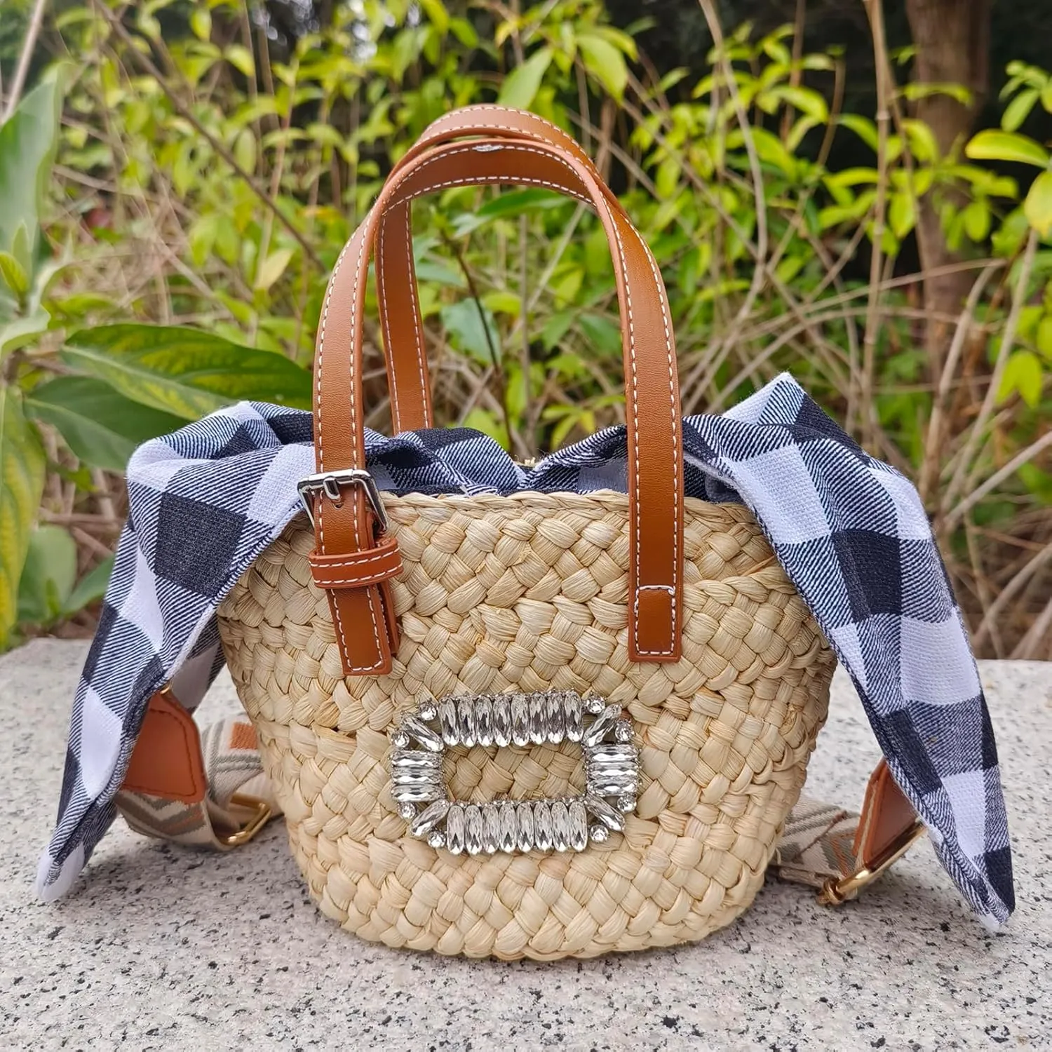 Flower Pearls Rattan Tote Bag Summer Beach Drawstring Straw Bucket Bag Diamonds Woven Handbag