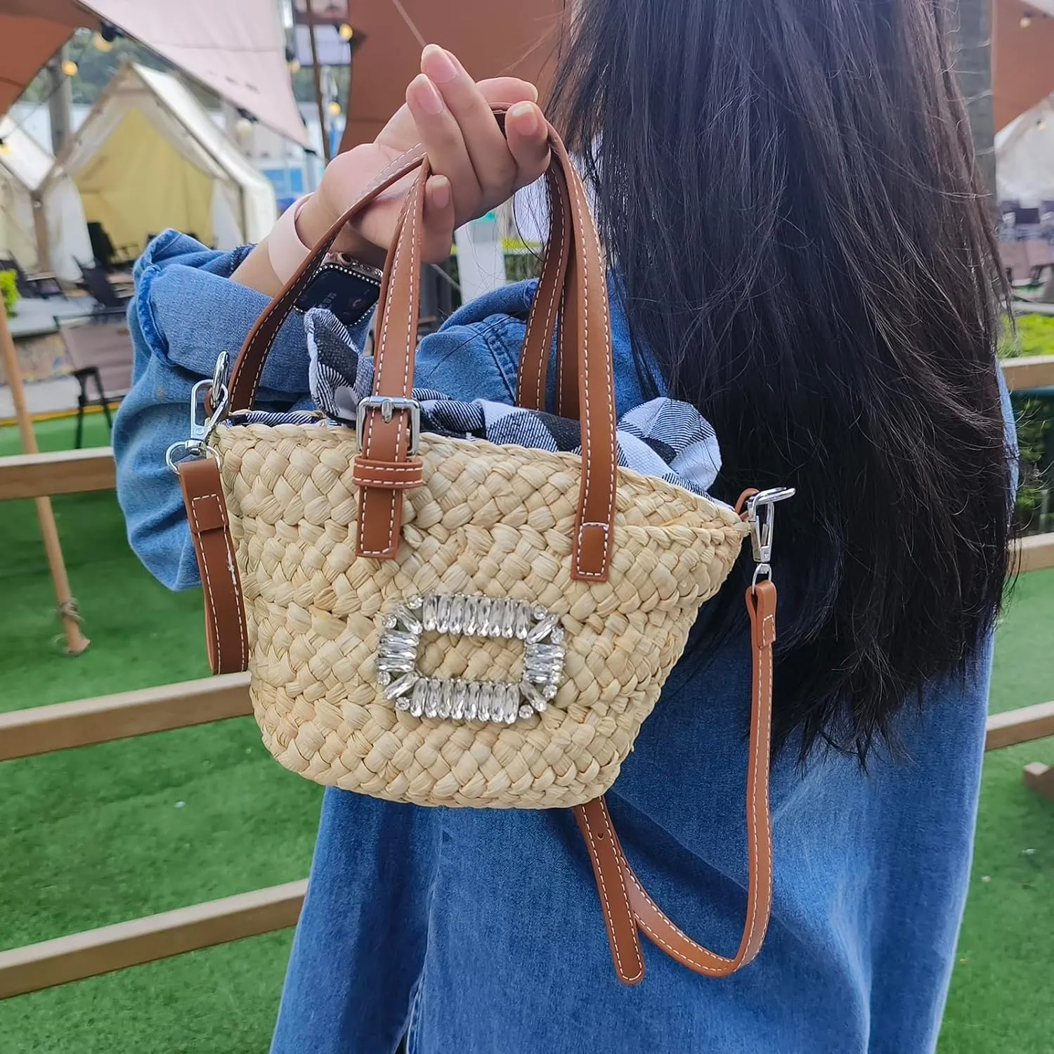 Flower Pearls Rattan Tote Bag Summer Beach Drawstring Straw Bucket Bag Diamonds Woven Handbag