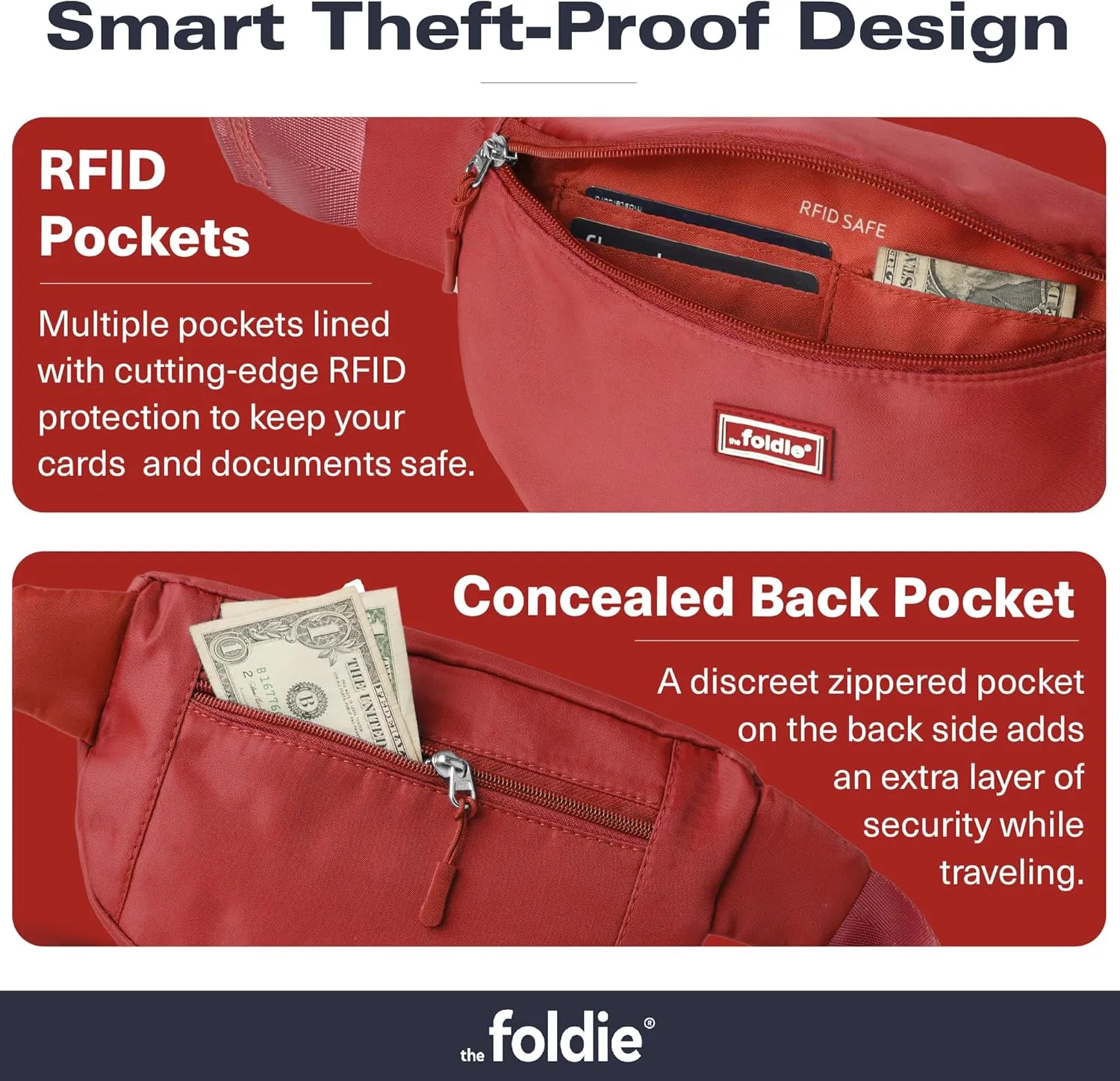 Foldable Crossbody Bags for Women & Men - Anti-Theft RFID-Safe Fanny Pack with Smart Lockable Zippers and Cut-Resistant Strap - Lightweight Waist Pack for Travel & Everyday Use - Red